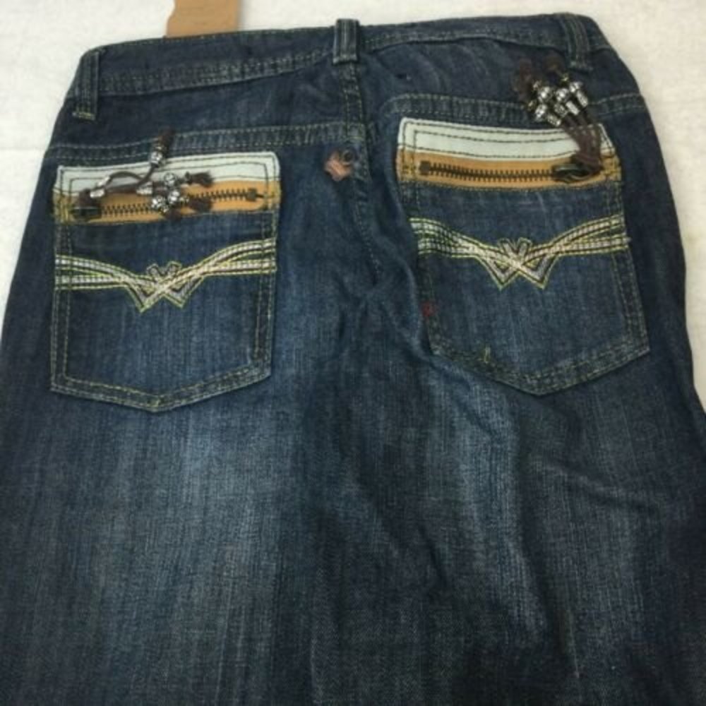 NEW London Jean Sz 27 Dark Wash Bling Studs Zipper Pockets Hippy Womans